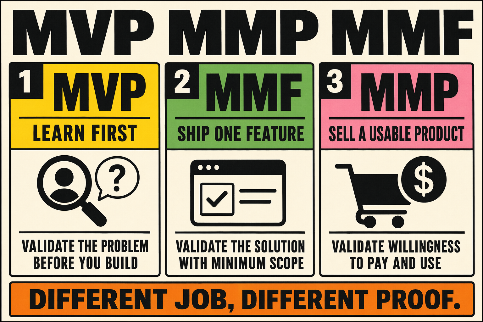 MVP MMP and MMF comparison board showing learn, ship and sell roles