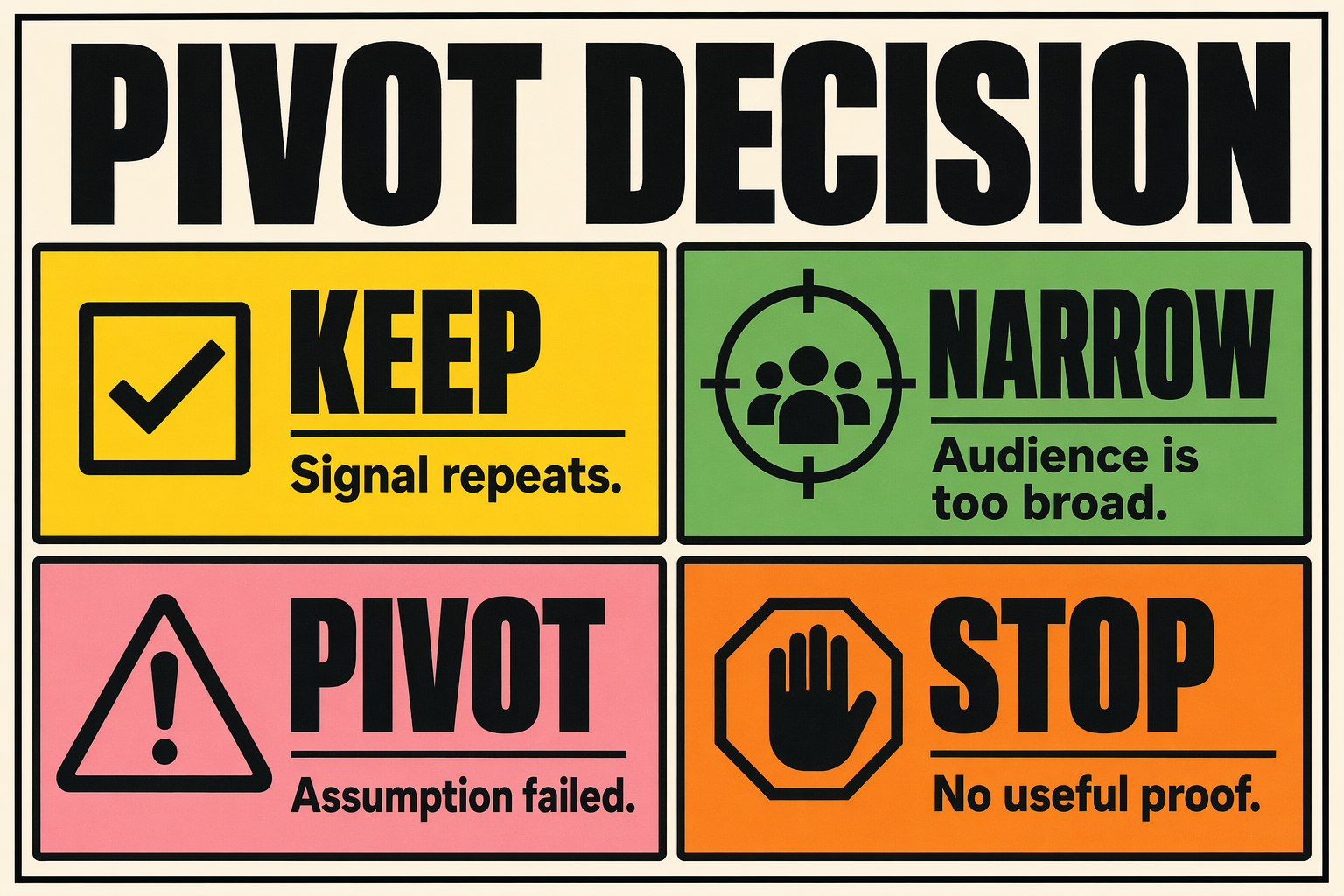 Pivot decision board comparing keep, narrow, pivot and stop options